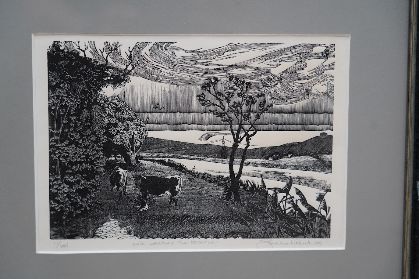 Two wood engravings including 'Will weather the weather', limited edition 11/100, each indistinctly signed and dated '89 and '85, largest 16 x 23cm. Condition - fair, some fading